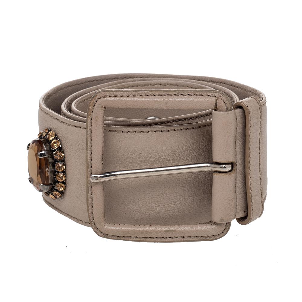 Miu Miu - Ceinture à boucle en cuir souple beige avec ornements 70 cm