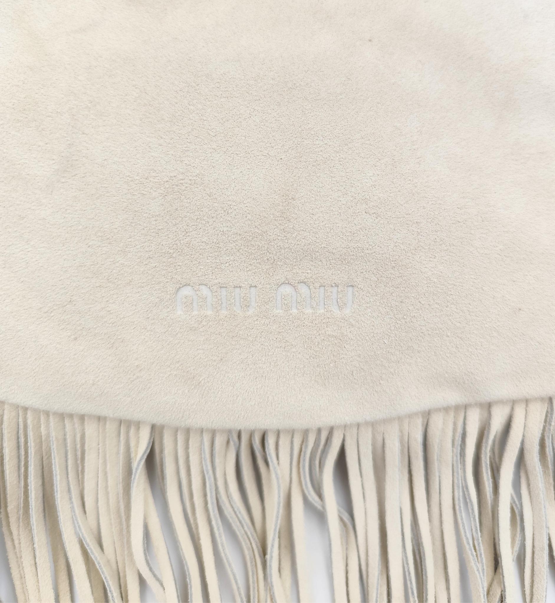 Beige Miu Miu beige suede half moon fringe shoulder bag For Sale