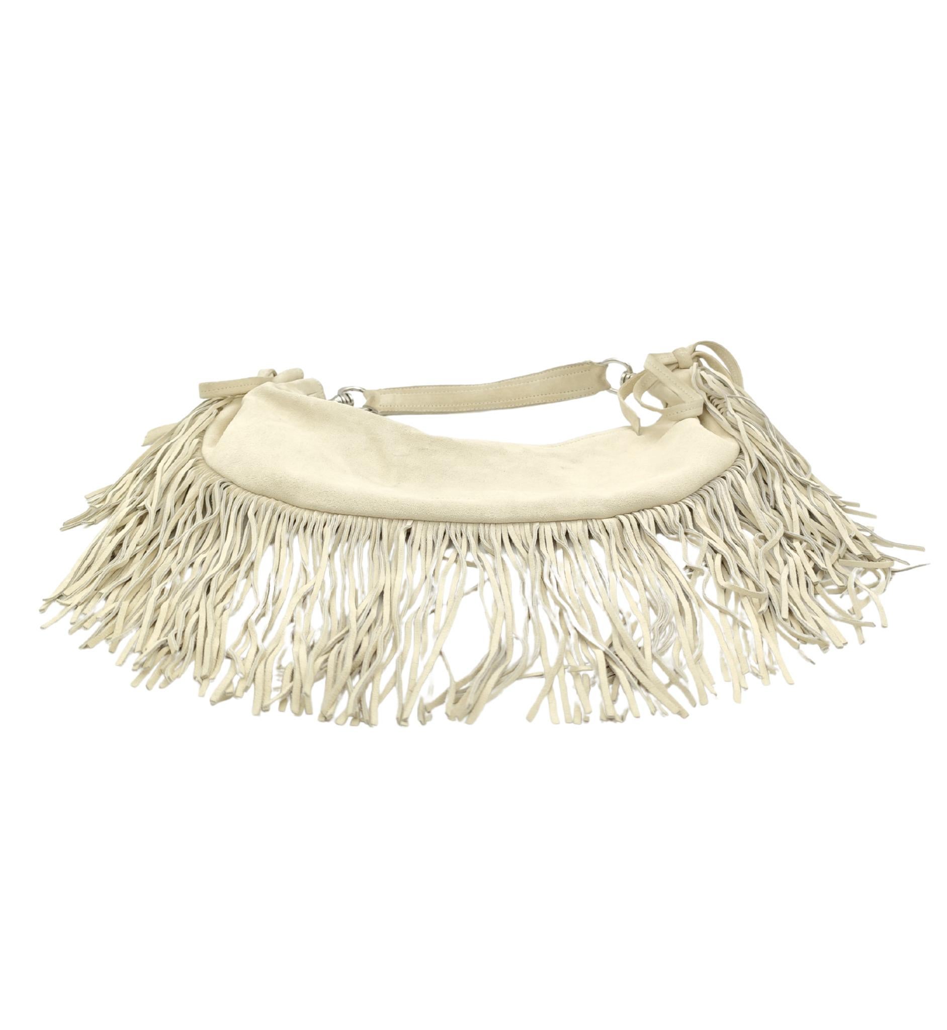 Miu Miu beige suede half moon fringe shoulder bag In Good Condition For Sale In Milano, IT