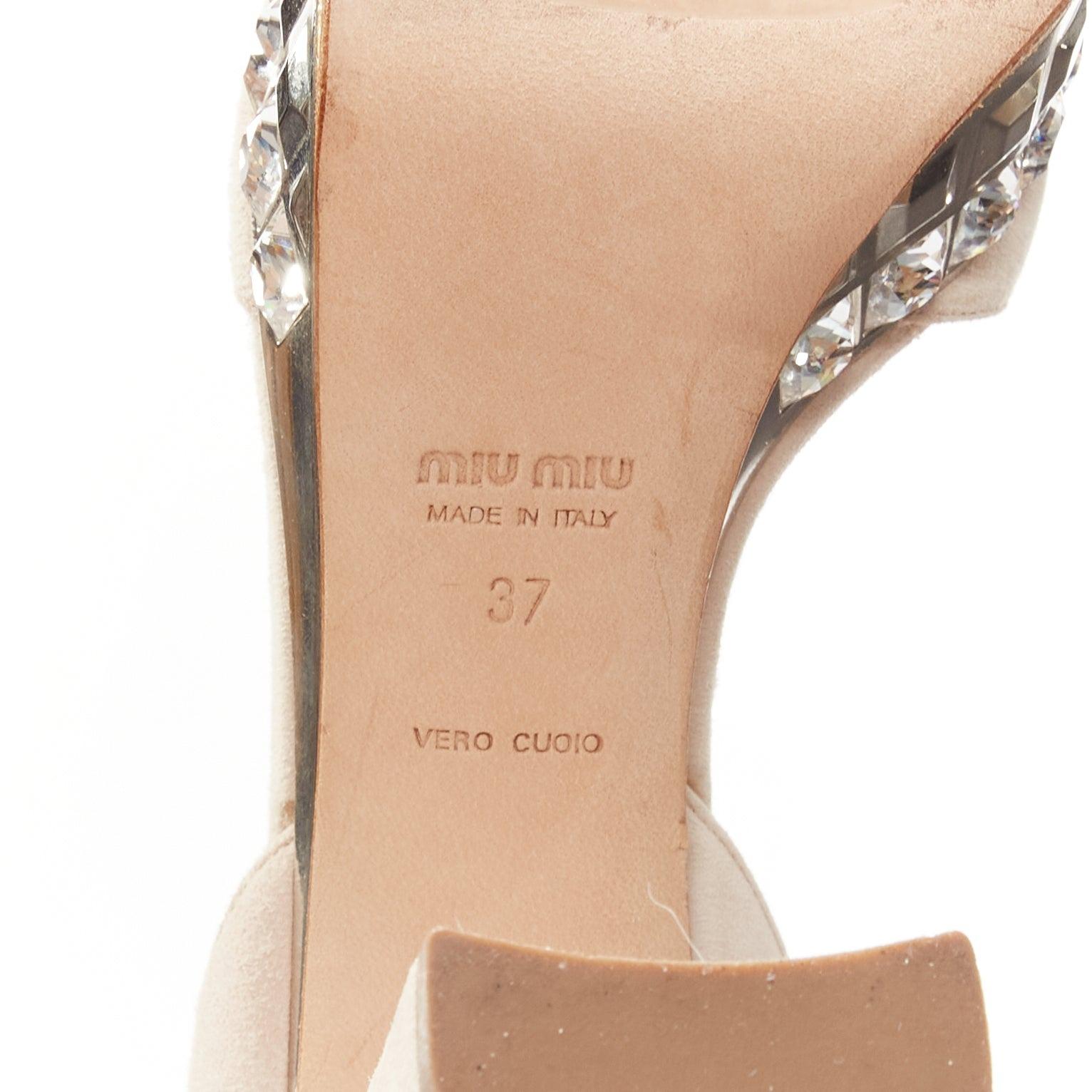 MIU MIU beige suede silver rhinestone crystals platform sandal heels EU37 For Sale 5