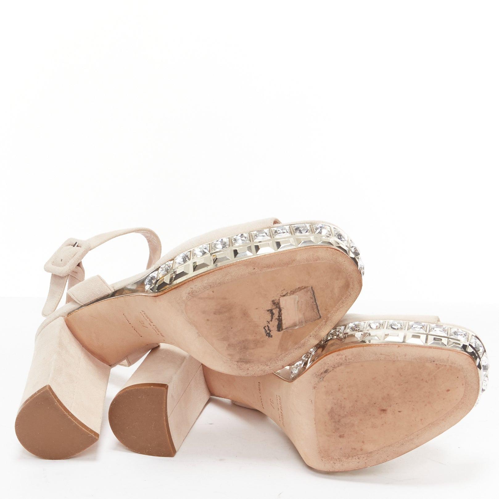 MIU MIU beige suede silver rhinestone crystals platform sandal heels EU37 For Sale 6