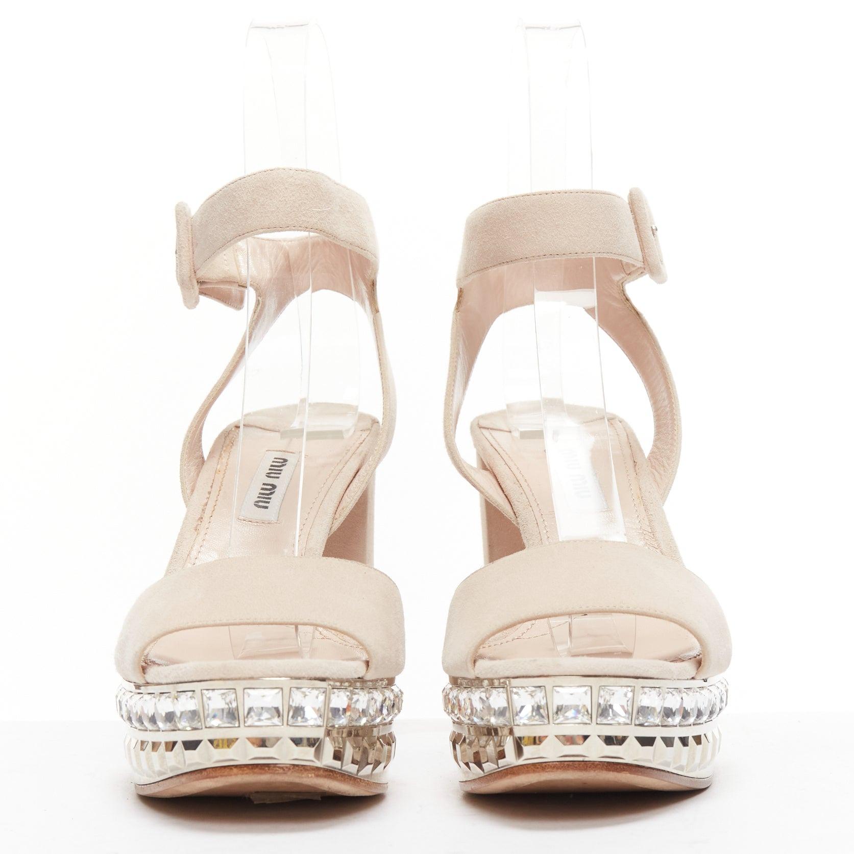 Beige MIU MIU beige suede silver rhinestone crystals platform sandal heels EU37 For Sale