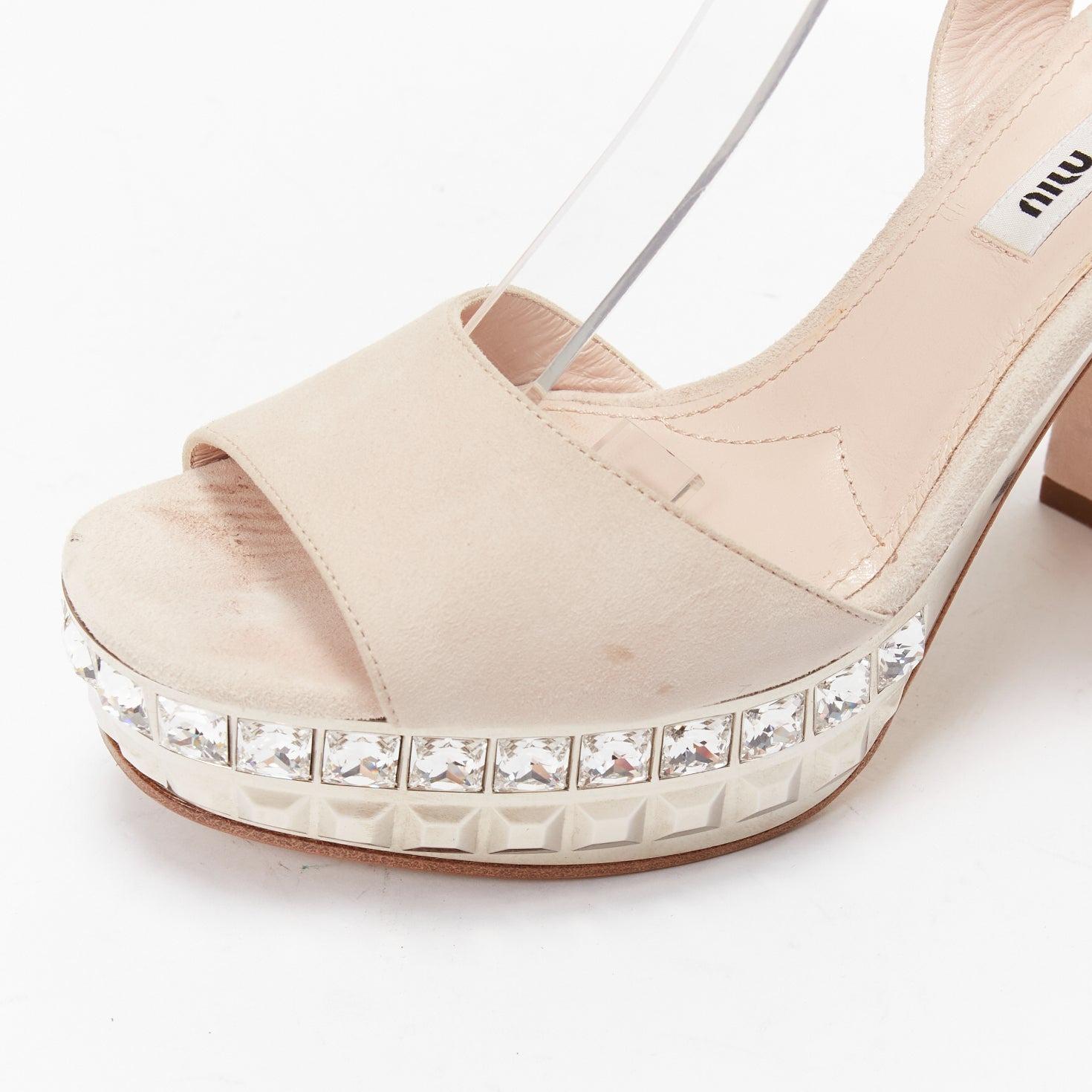 MIU MIU beige suede silver rhinestone crystals platform sandal heels EU37 For Sale 2