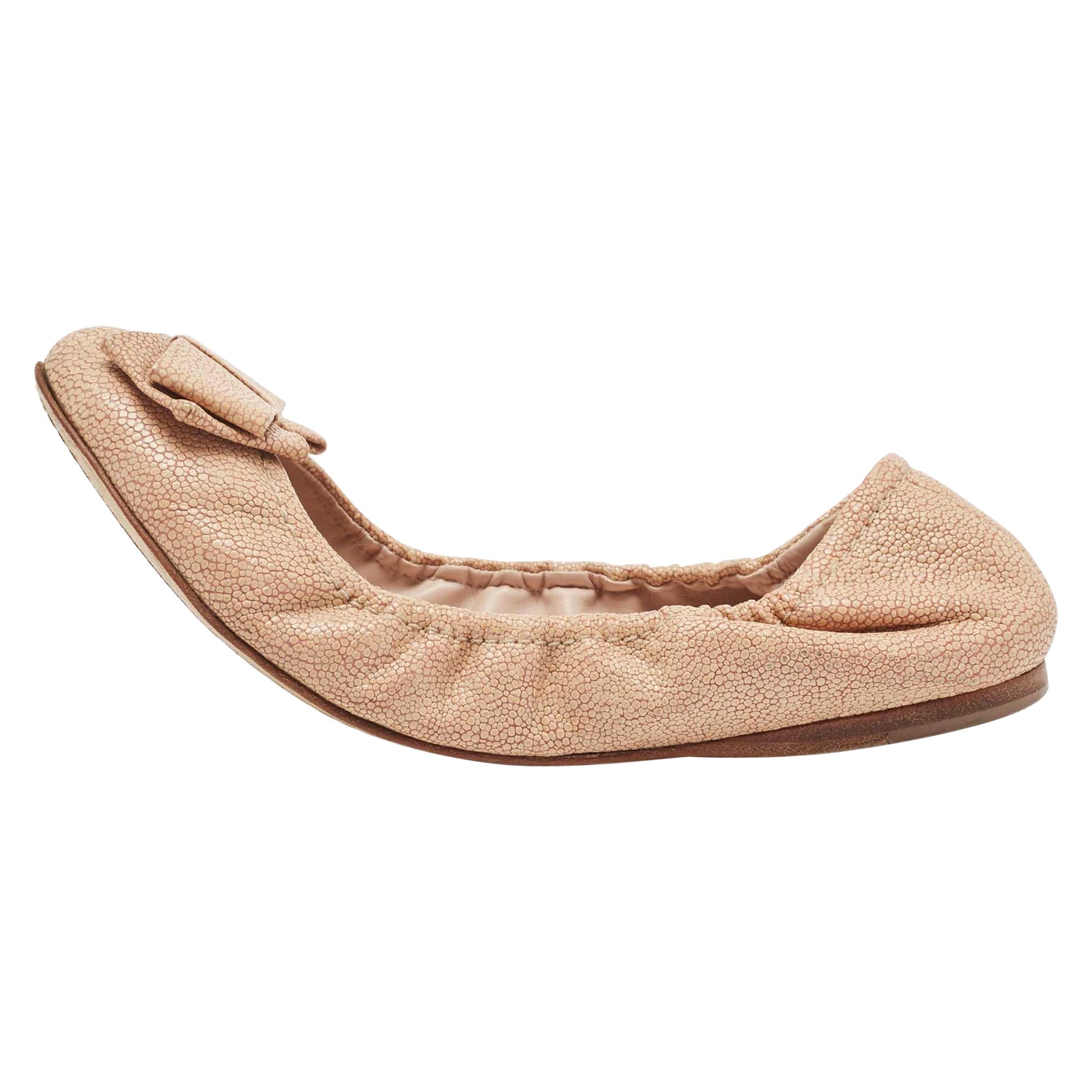 Miu Miu Beige Texture Leather Scrunch Bow Ballet Flats Size 39.5