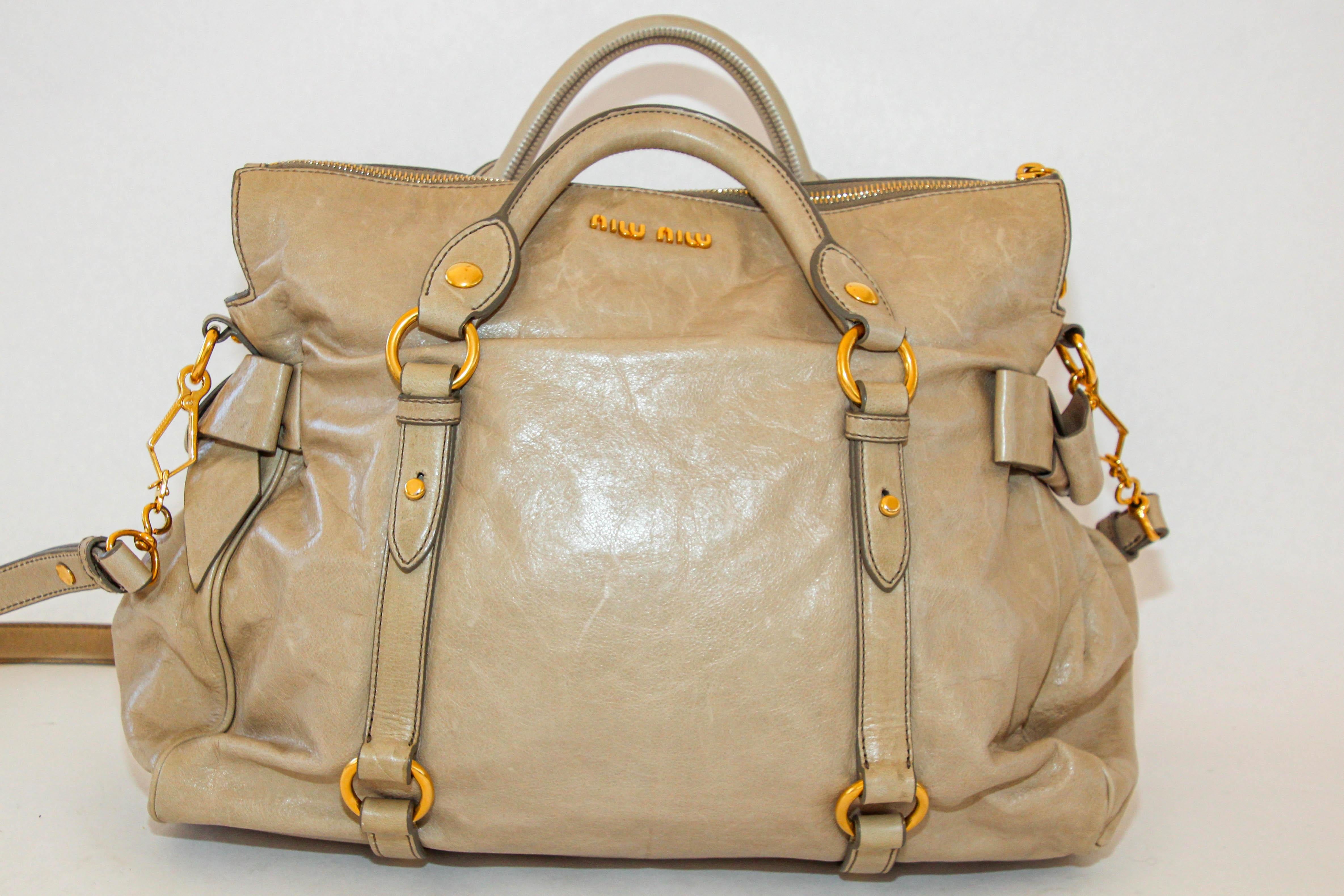 MIU MIU Beige Vitello Lux Bow Leather Hand Bag Satchel Tote For Sale 6