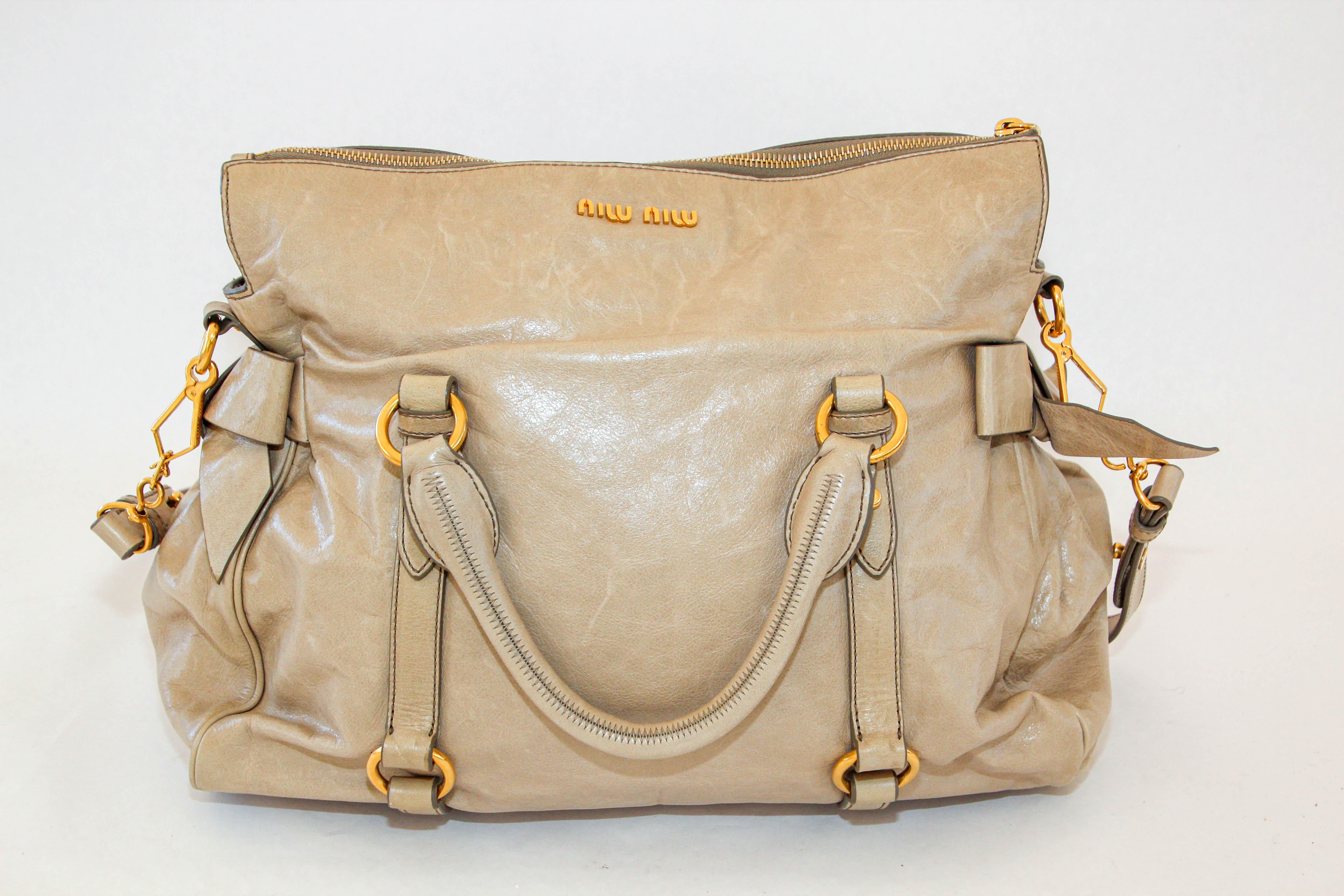 MIU MIU Beige Vitello Lux Bow Leather Hand Bag Satchel Tote For Sale 8