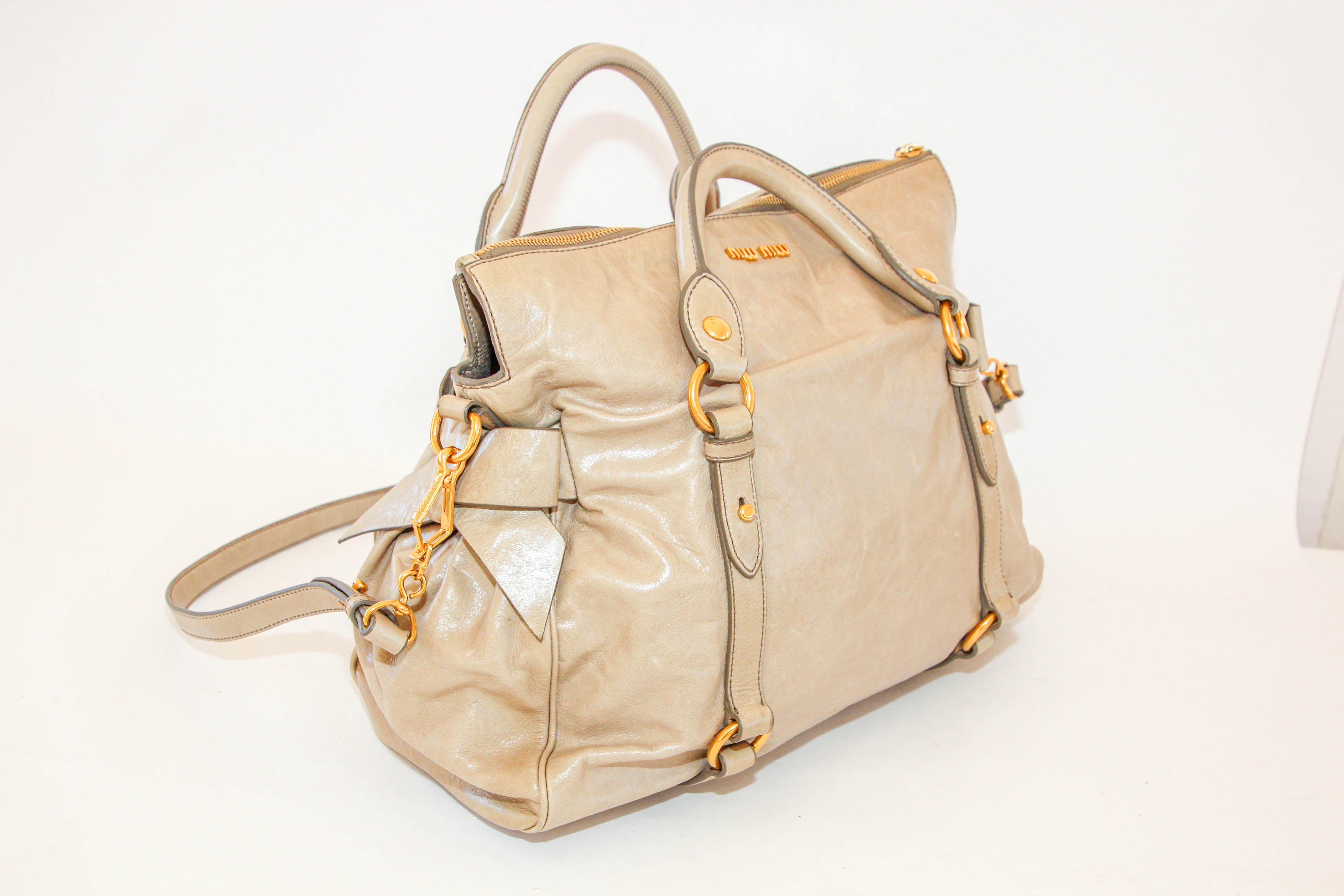 MIU MIU Beige Vitello Lux Bow Leather Hand Bag Satchel Tote For Sale 2
