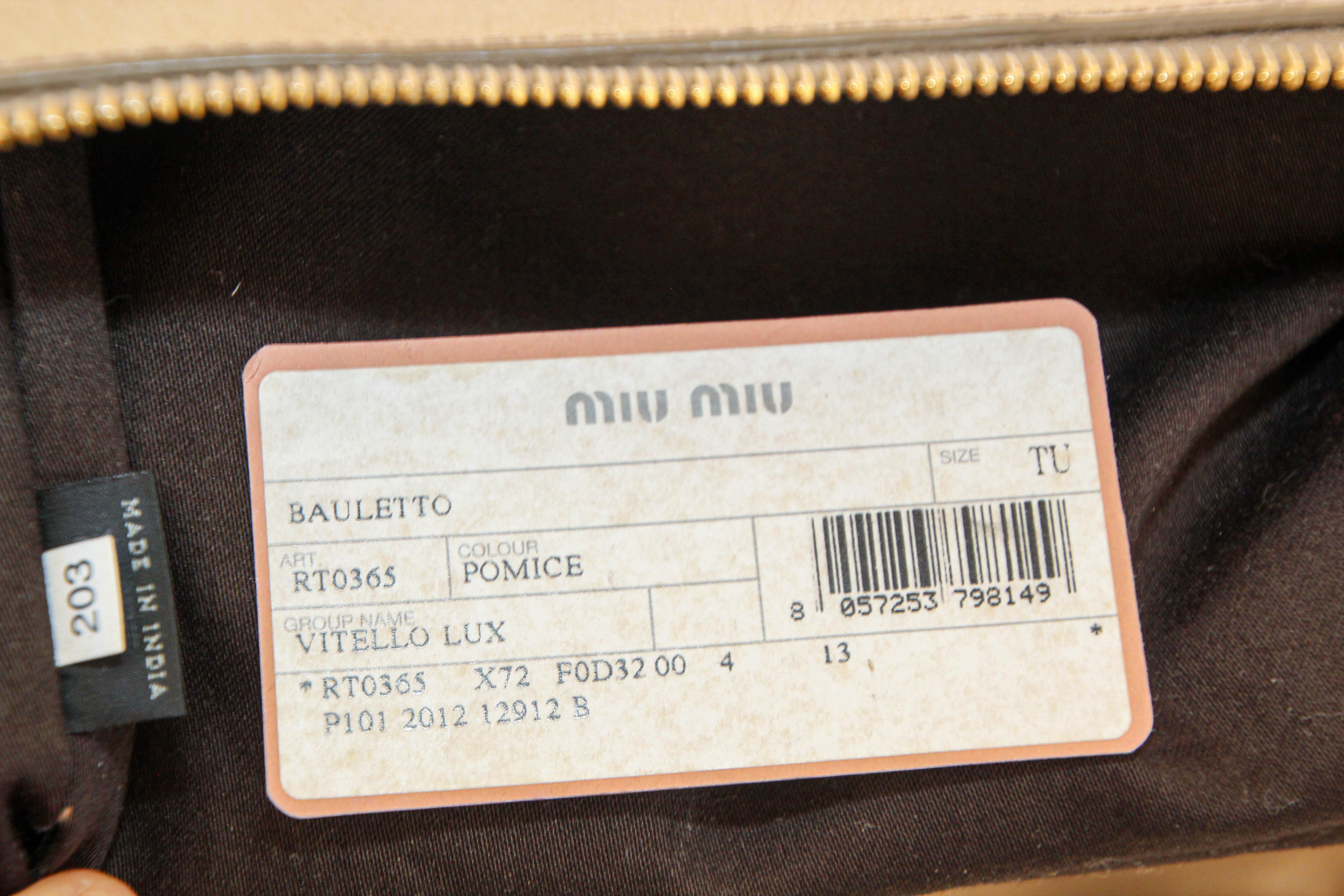 MIU MIU Beige Vitello Lux Bow Leather Hand Bag Satchel Tote For Sale 5