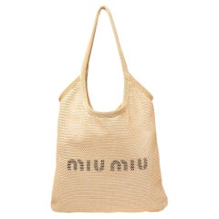 Miu Beige/Weiß Raffia und Leinen Tote