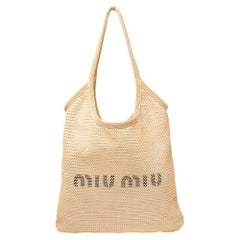 Used Miu Miu Beige/White Raffia And Linen Tote