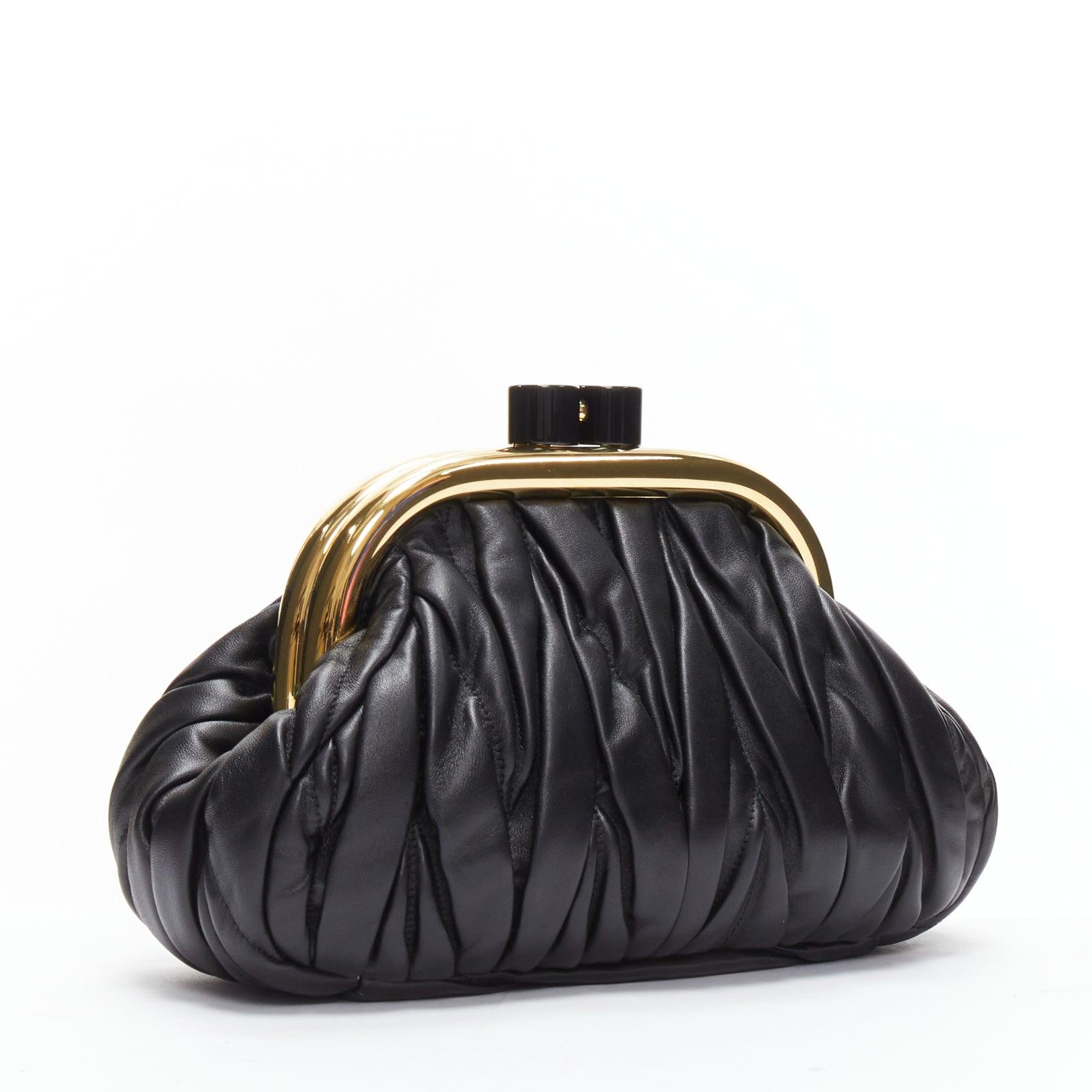 MIU MIU Belle black nappa leather gold metal frame matelasse clutch bag In Good Condition In Hong Kong, NT