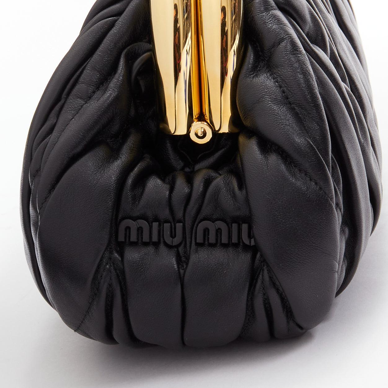 MIU MIU Belle black nappa leather gold metal frame matelasse clutch bag 3