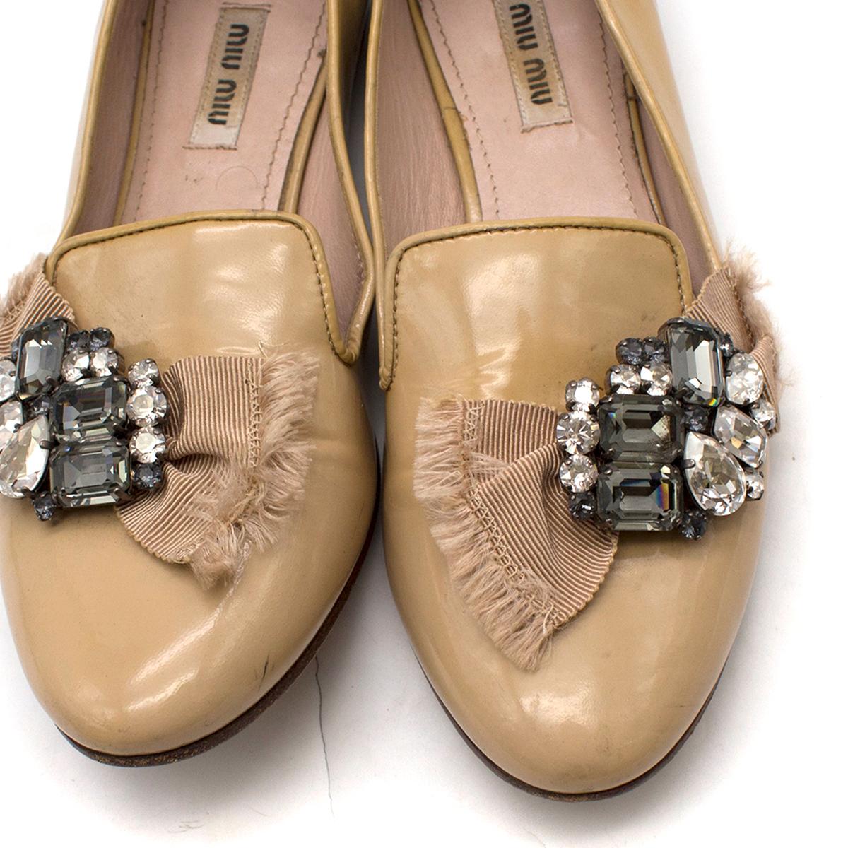 Women's Miu Miu Biege Patent Leather Crystal Embroidered Loafers 37 For Sale