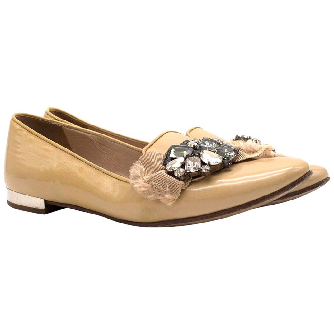 Miu Miu Biege Patent Leather Crystal Embroidered Loafers 37 For Sale