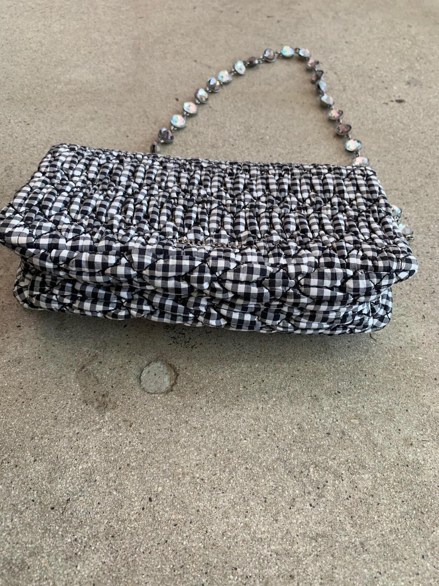 Miu Miu Black and White Gingham Bag with Crystal Beaded shoulder strap 2