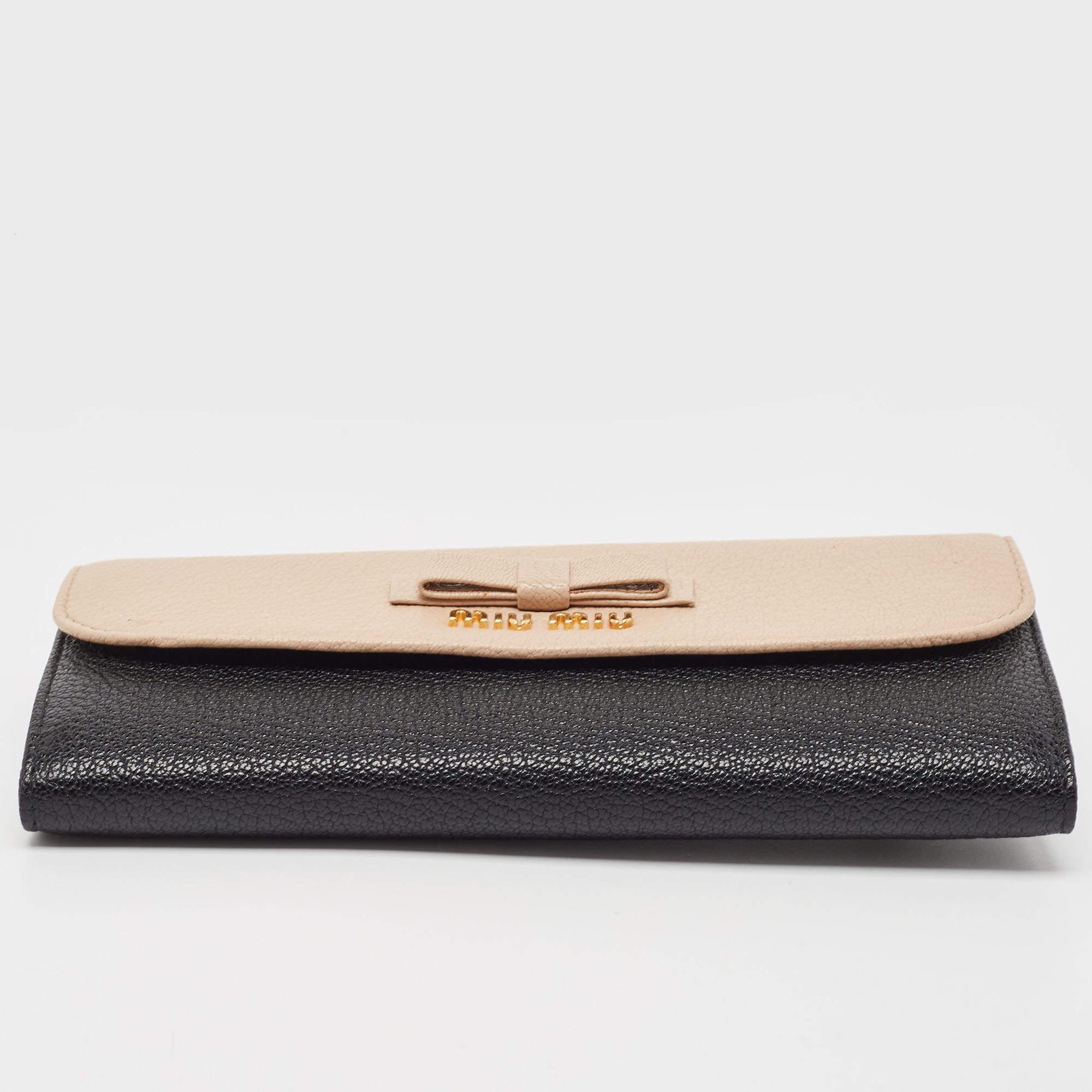 Miu Miu Black/Beige Leather Bow Flap Continental Wallet 1