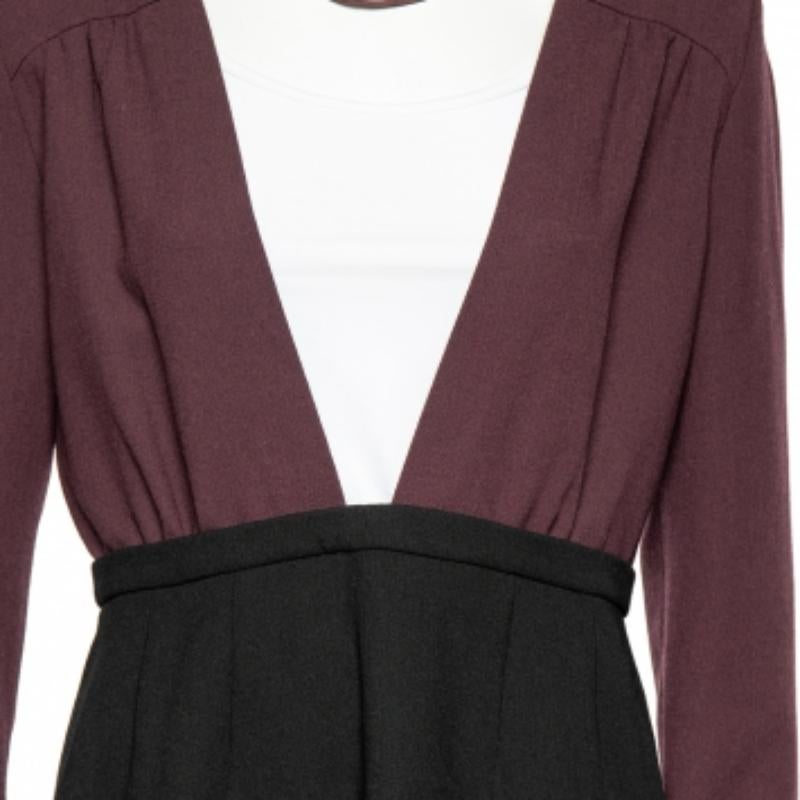 Miu Miu Black-Burgundy Textured Wool Plunge Neck Midi Dress L For Sale 2