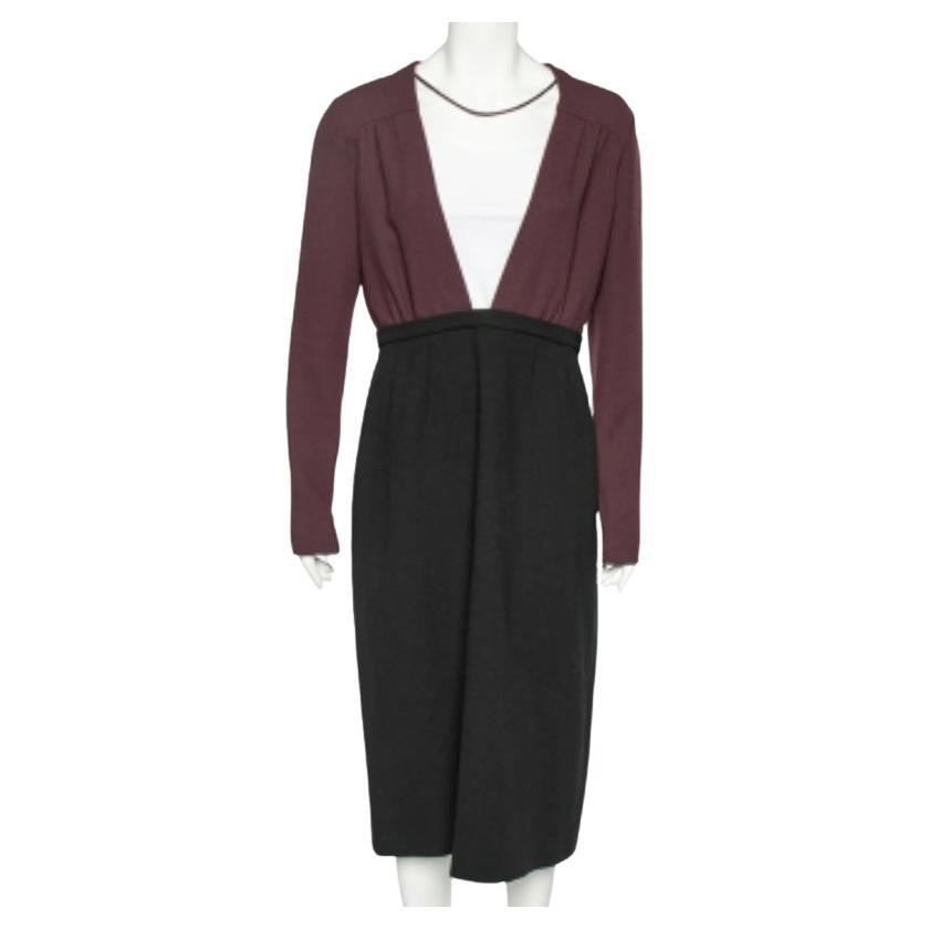 Miu Miu Black-Burgundy Textured Wool Plunge Neck Midi Dress L