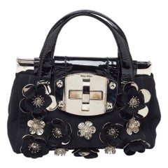 Miu Miu Black Canvas and Patent Leather Flower Embellished Satchel