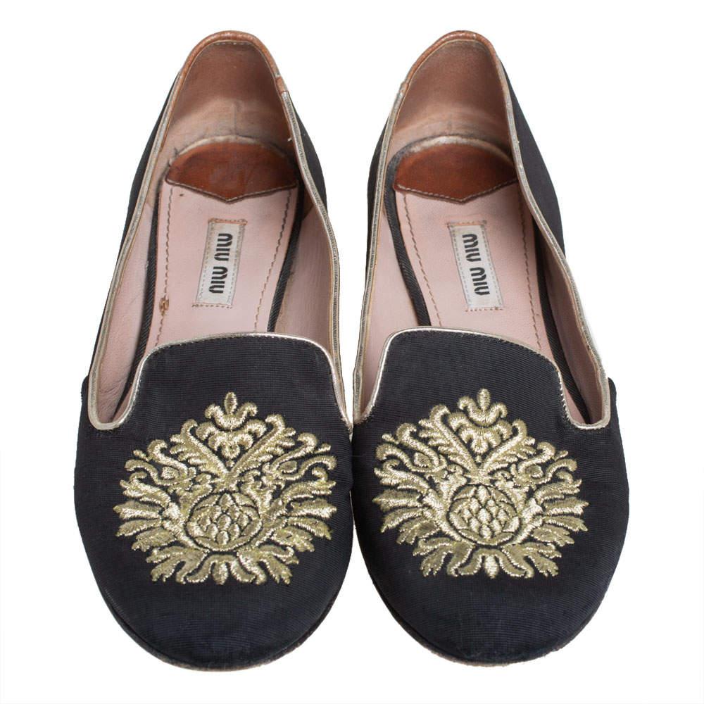 Miu Miu Black Canvas Embroidered Crystal Embellished Smoking Slippers Size 36 In Fair Condition In Dubai, Al Qouz 2