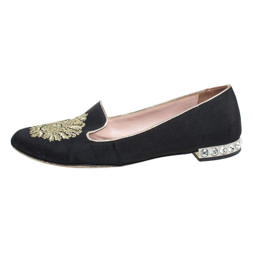 Miu Miu Black Canvas Embroidered Crystal Embellished Smoking Slippers Size 36