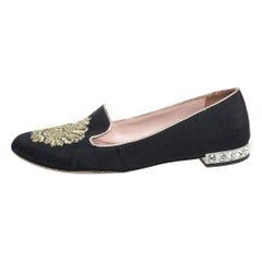 Miu Miu Black Canvas Embroidered Crystal Embellished Smoking Slippers Size 36