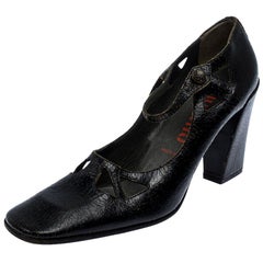 Used Miu Miu Black Crack Leather Cutout Square Toe Pumps Size 37.5