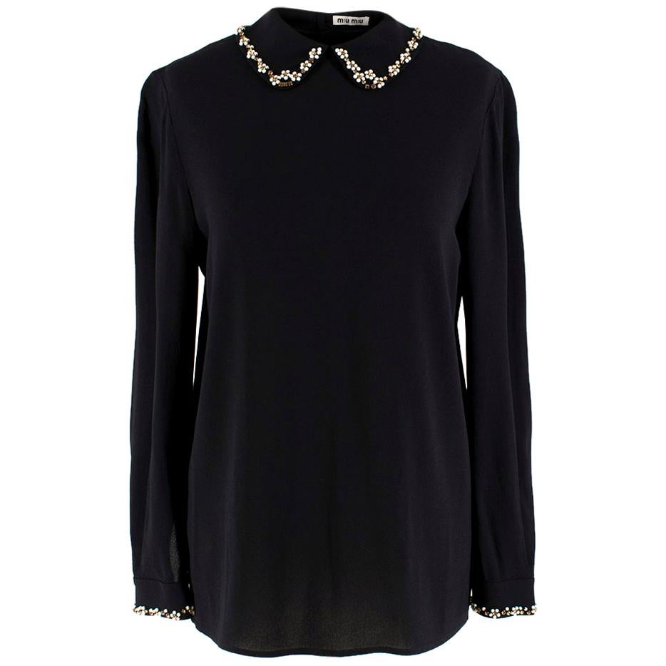 Miu Miu Black Crepe Floral Crystal Embellished Shirt estimated size XS For Sale