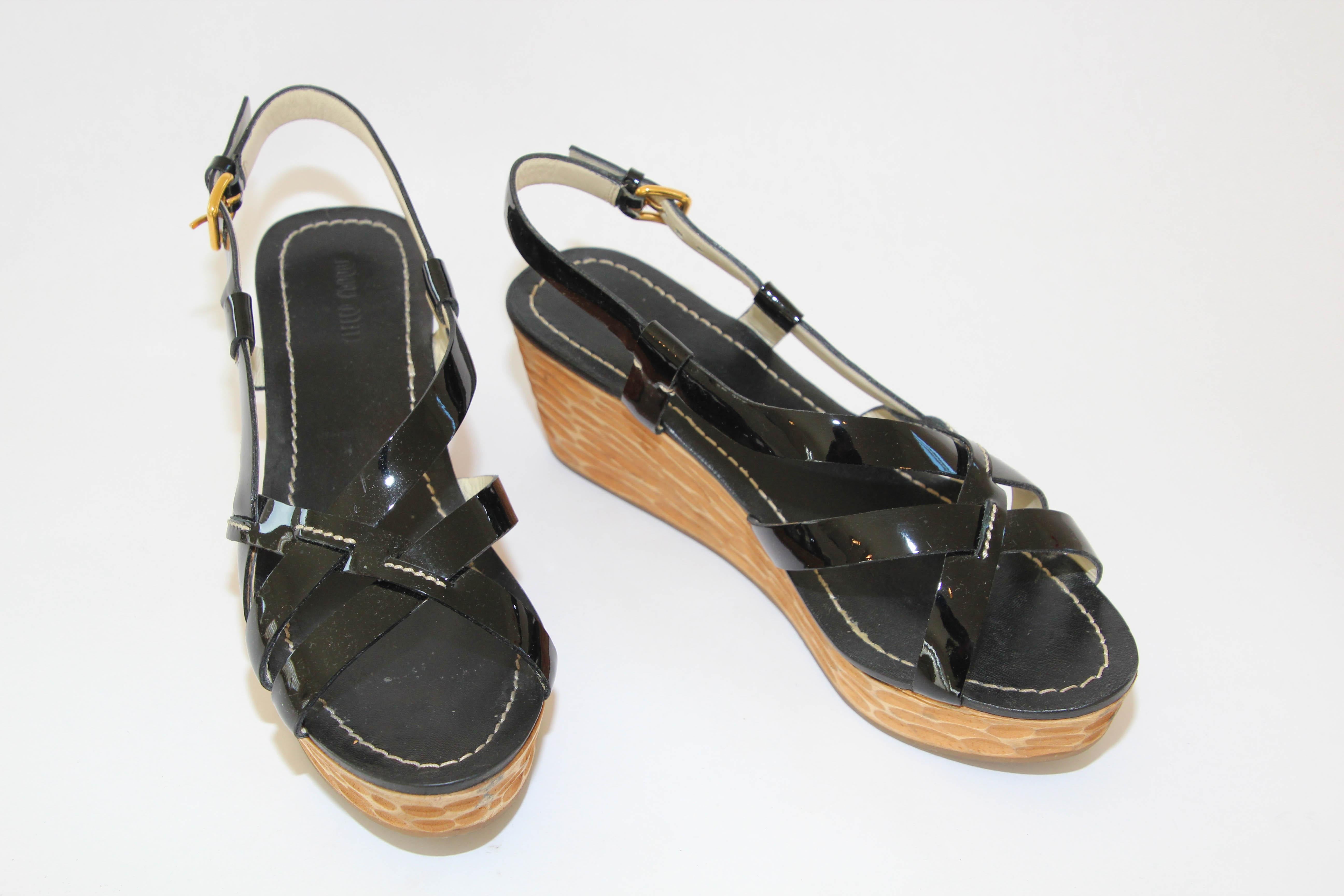MIU MIU Black Criss Cross Patent Leather Sling Back Wooden Wedges Sandals For Sale 3