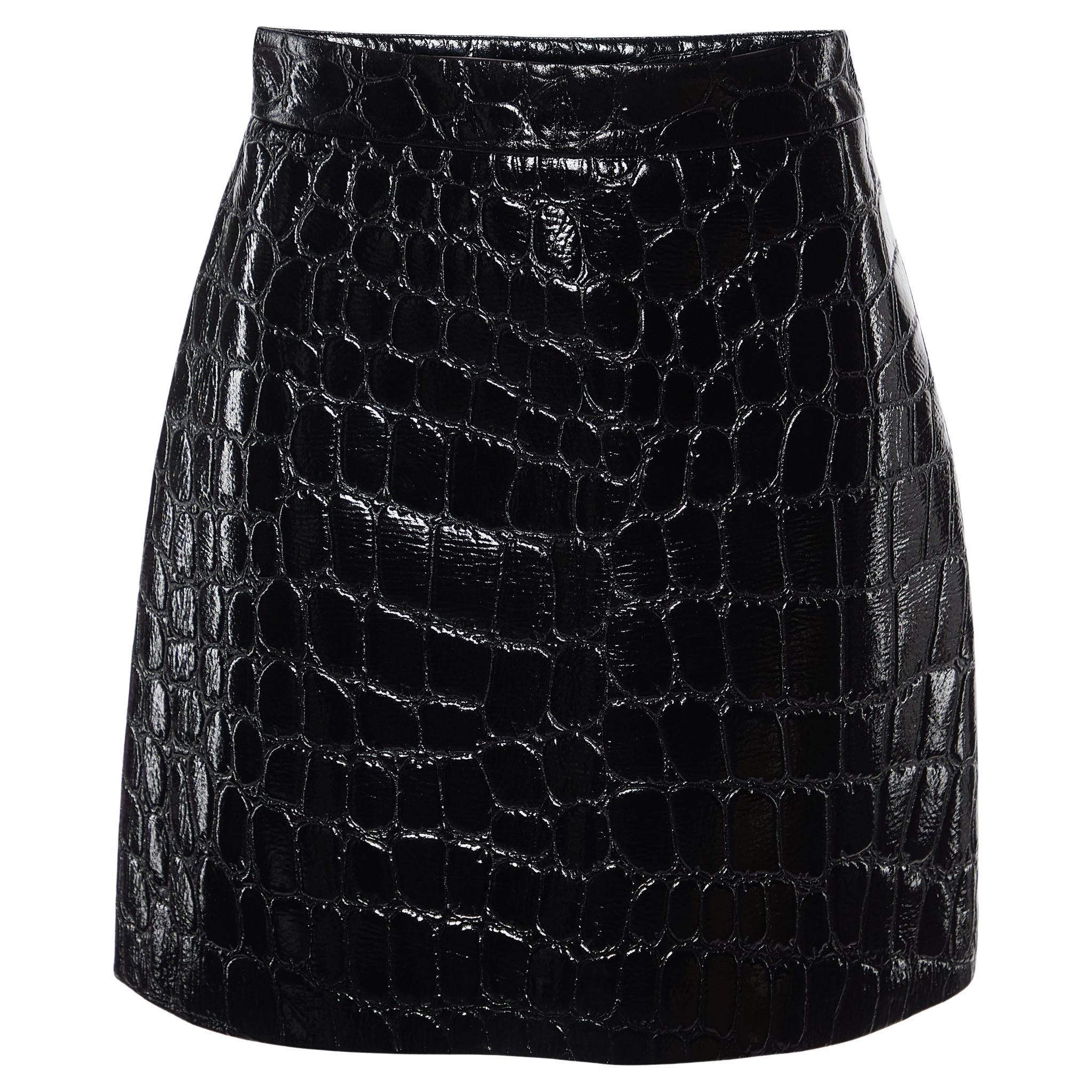 Miu Miu Black Crocodile Embossed Ciré Mini Skirt S For Sale