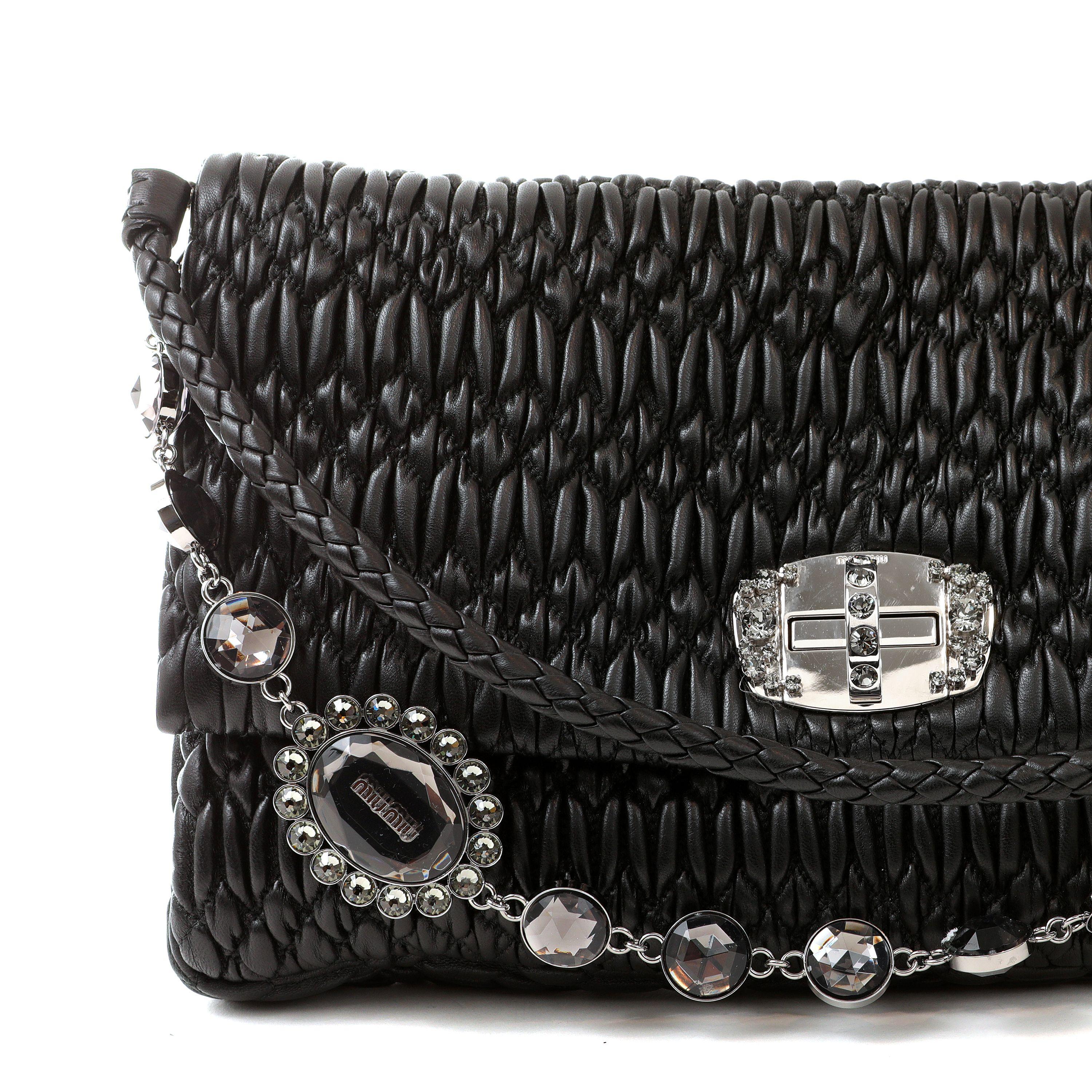 Miu Miu Black Crystal Cloquè Large Bag with Silver Hardware In Excellent Condition For Sale In Palm Beach, FL
