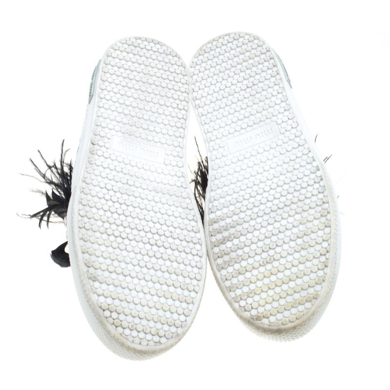 Miu Miu Black Crystal Embellished Satin With Marabou Feathers Slip On Sneakers S In Good Condition For Sale In Dubai, Al Qouz 2