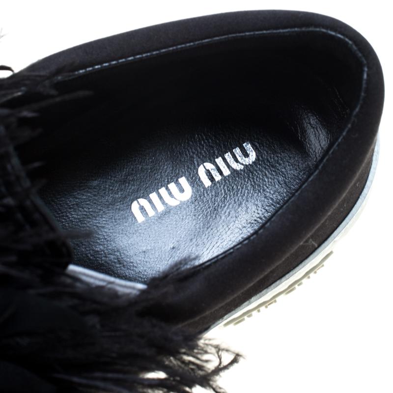 Women's Miu Miu Black Crystal Embellished Satin With Marabou Feathers Slip On Sneakers S For Sale