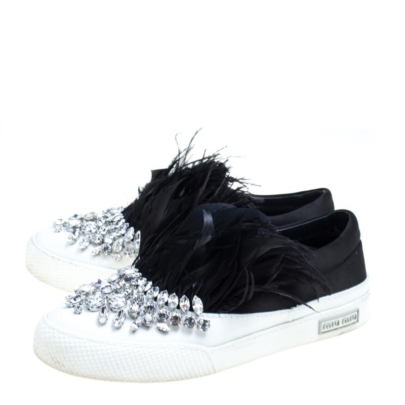Miu Miu Black Crystal Embellished Satin With Marabou Feathers Slip On Sneakers S For Sale 1
