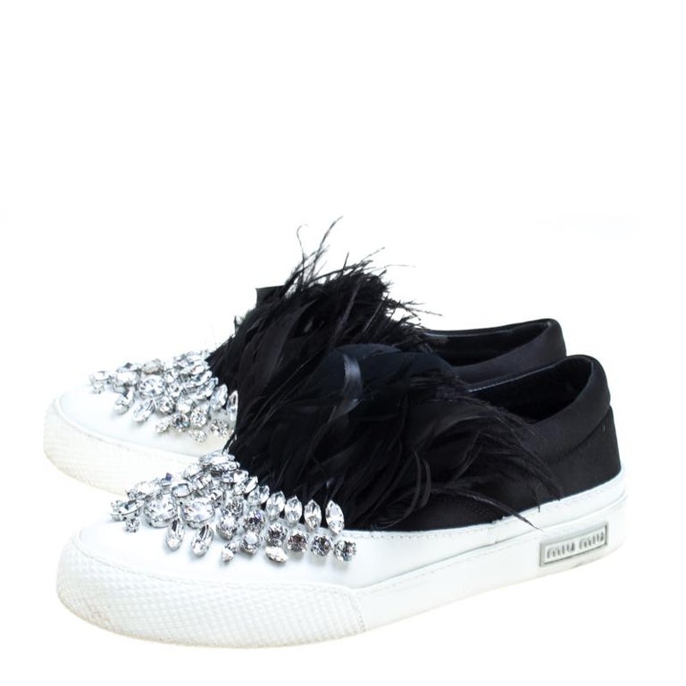 Miu Miu Black Crystal Embellished Satin With Marabou Feathers Slip On  Sneakers S For Sale at 1stDibs