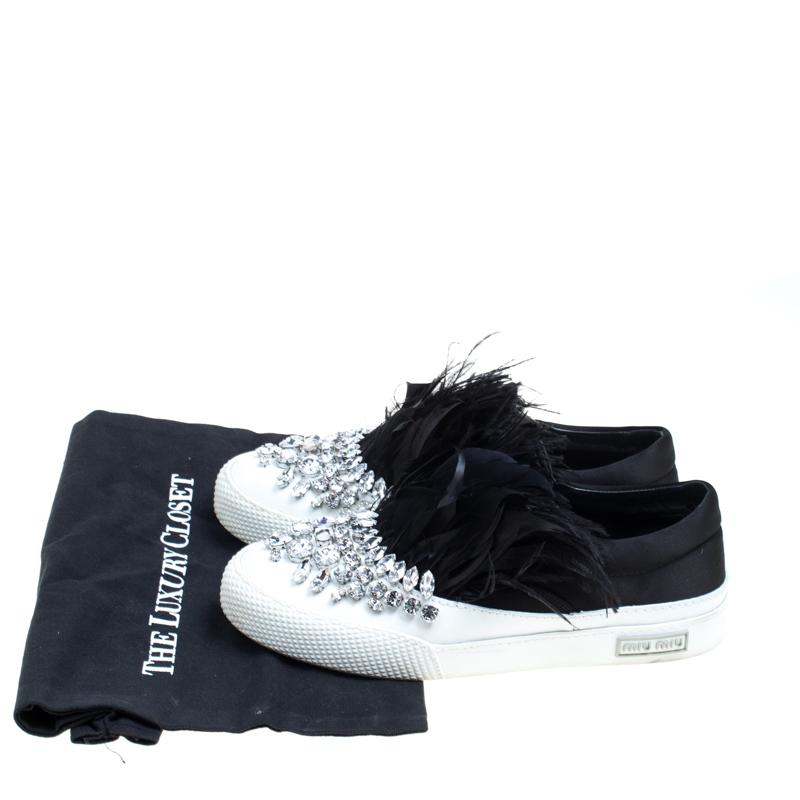 Miu Miu Black Crystal Embellished Satin With Marabou Feathers Slip On Sneakers S For Sale 2