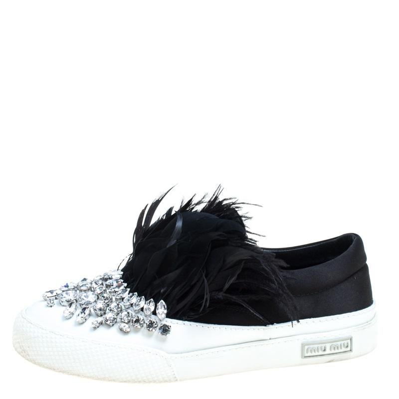 Miu Miu Black Crystal Embellished Satin With Marabou Feathers Slip On Sneakers S For Sale 3