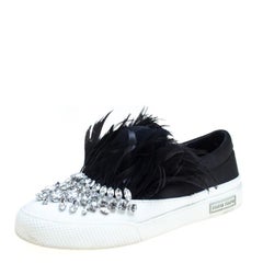 Miu Miu Black Crystal Embellished Satin With Marabou Feathers Slip On Sneakers S