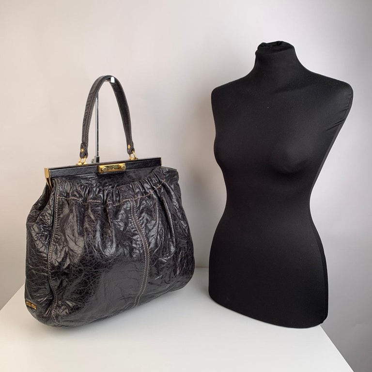 Miu Miu Black Distressed Leather Frame Tote Bag Satchel For Sale at