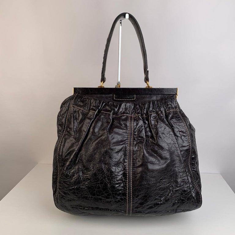 Miu Miu Black Distressed Leather Frame Tote Bag Satchel For Sale at ...