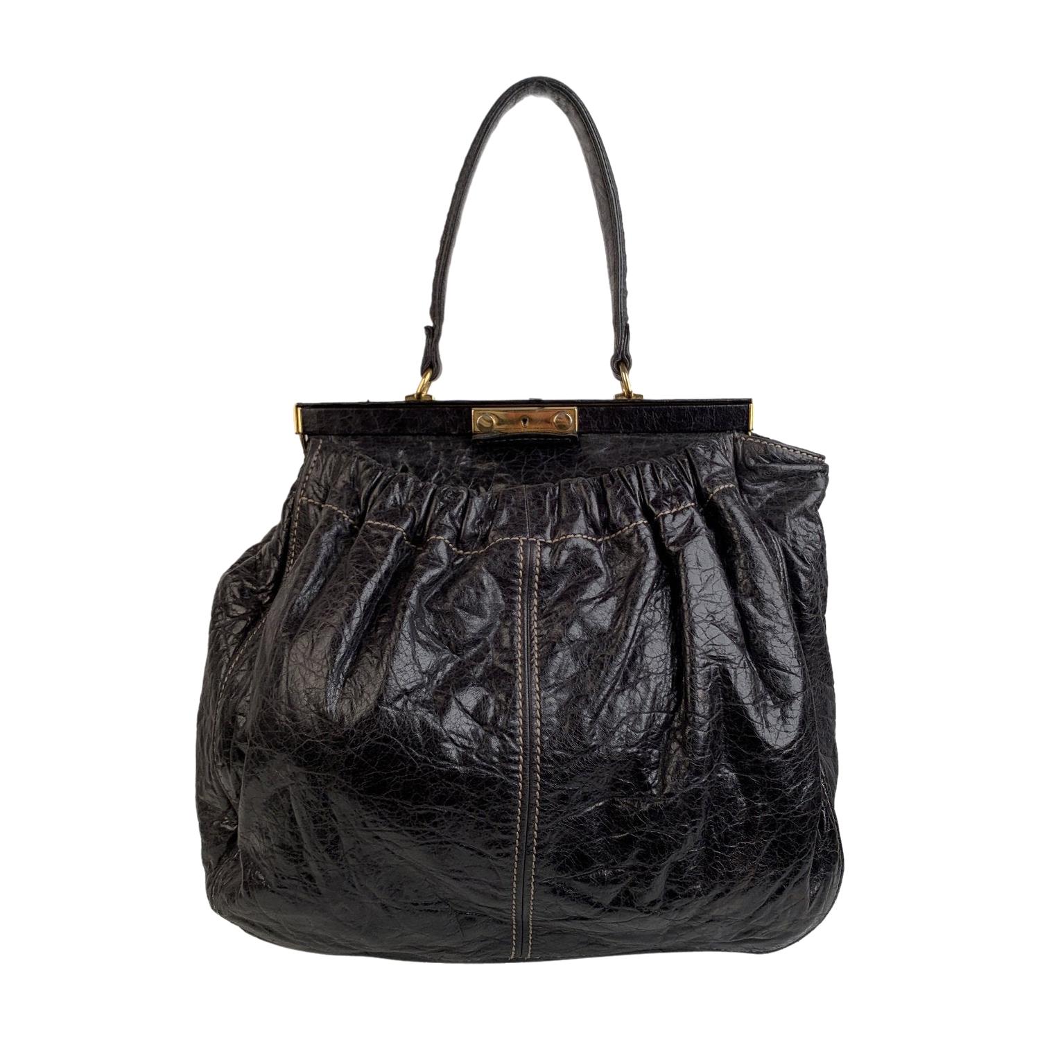 Miu Miu Black Distressed Leather Frame Tote Bag Satchel