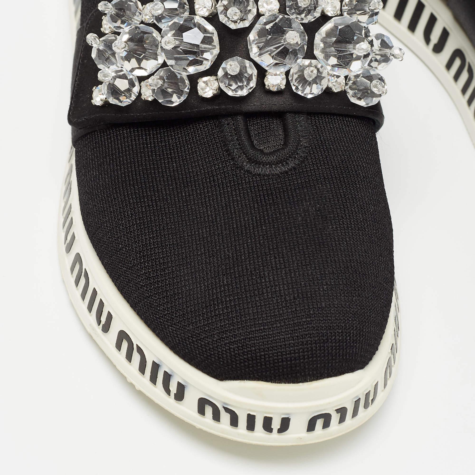 Miu Miu Black Fabric and Satin Crystal Embellished Slip On Sneakers Size 38.5 In Good Condition For Sale In Dubai, Al Qouz 2