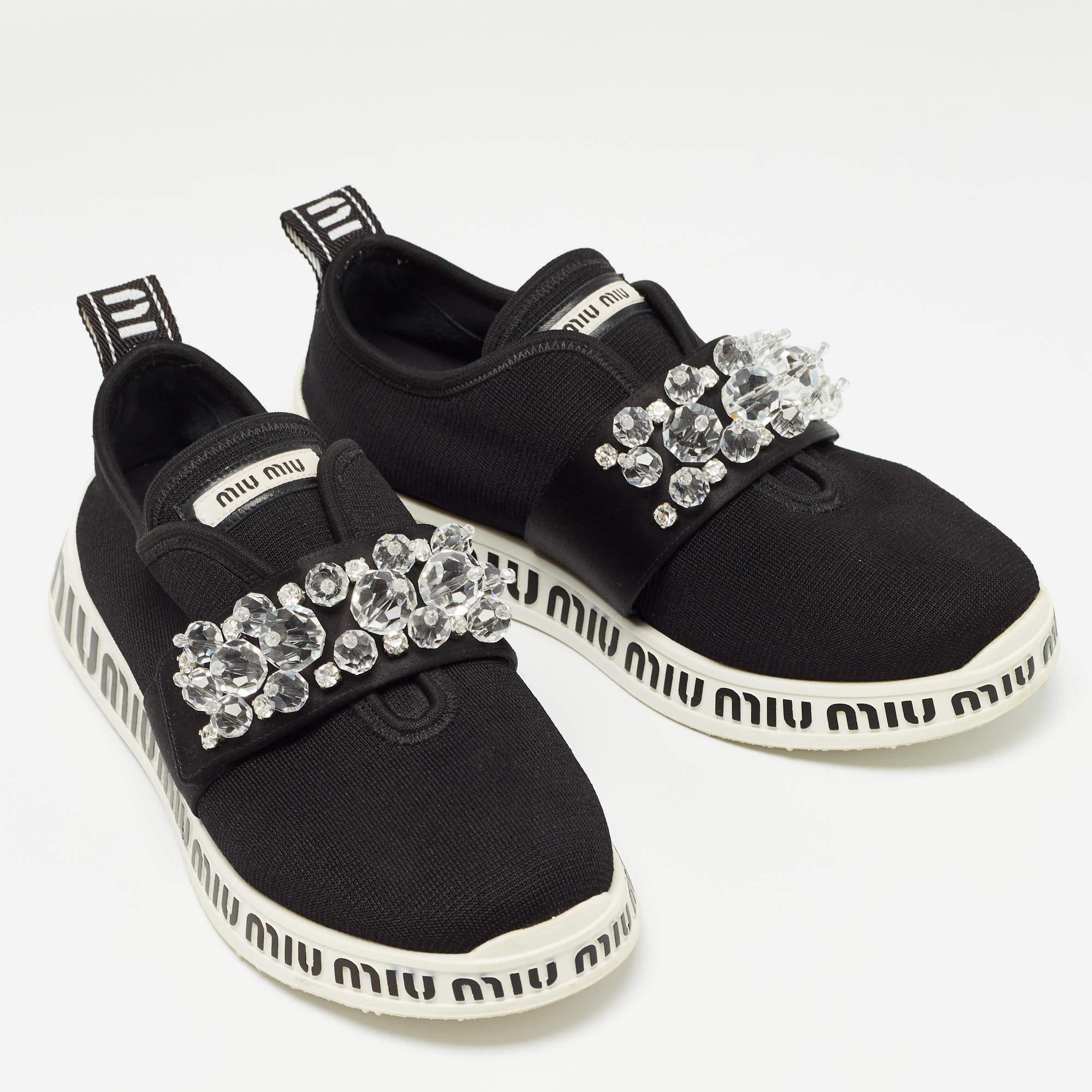 Women's Miu Miu Black Fabric and Satin Crystal Embellished Slip On Sneakers Size 38.5