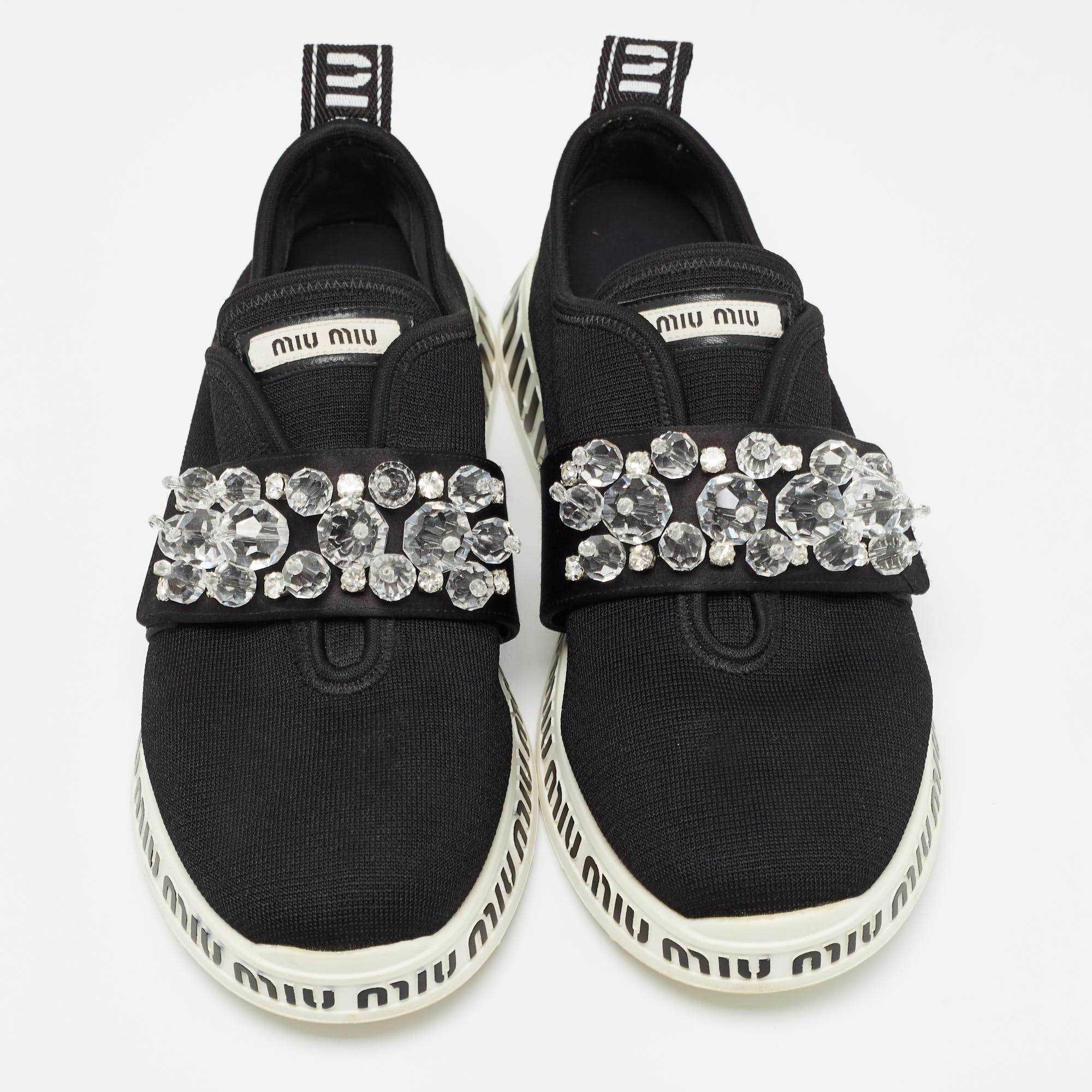 Miu Miu Black Fabric and Satin Crystal Embellished Slip On Sneakers Size 38.5 For Sale 1