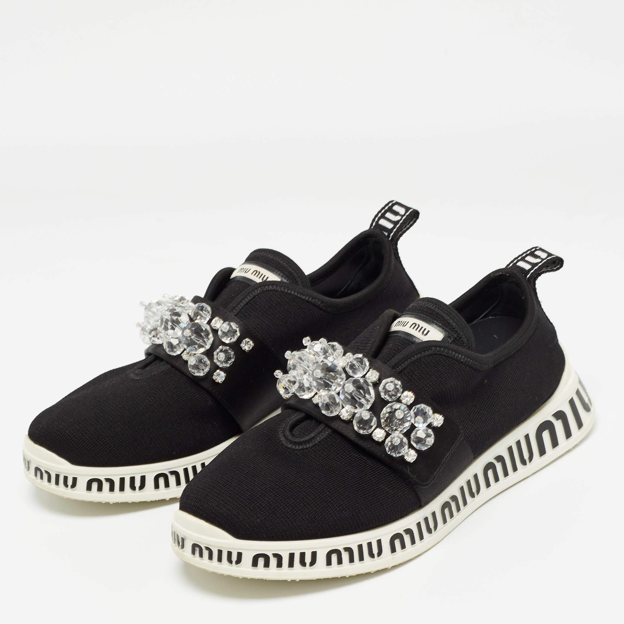 Miu Miu Black Fabric and Satin Crystal Embellished Slip On Sneakers Size 38.5 For Sale 2