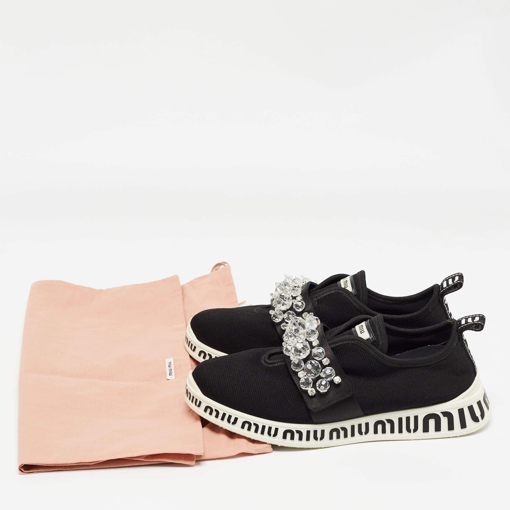 Miu Miu Black Fabric and Satin Crystal Embellished Slip On Sneakers Size 38.5 5