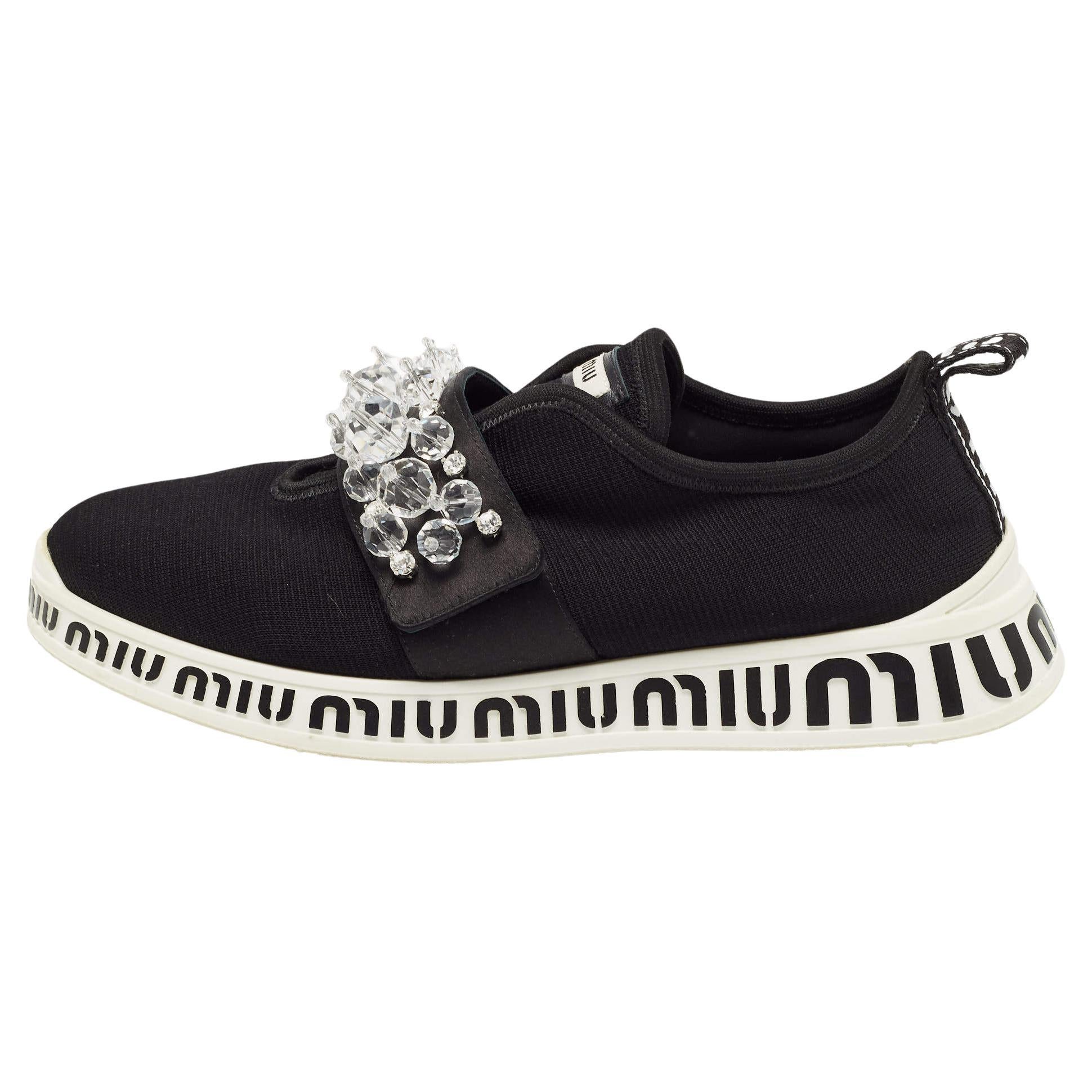 Miu Miu Black Fabric and Satin Crystal Embellished Slip On Sneakers Size 38.5 For Sale
