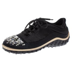 Miu Miu Black Fabric Crystal Embellished Low Top Sneakers Size 38