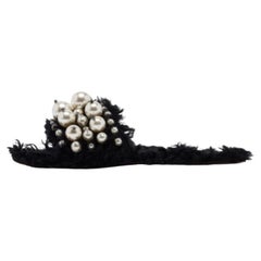 Miu Miu Black Fur Pearl Embellished Flat Slides Size 40