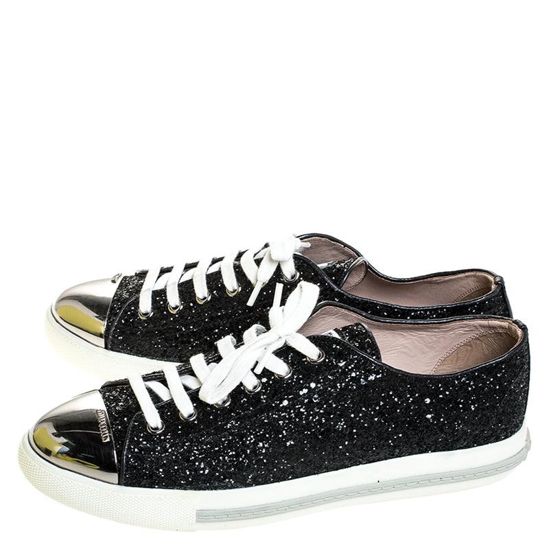 Miu Miu Black Glitter And Metal Cap Toe Low Top Sneakers Size 39 1